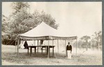 Photo of striped awning used for dining ("mess tent") during annual encampment of Miami Military Institute, 1901