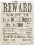 Reward Poster for Stolen 1917 Buick Touring Car, September 15, 1917 by Wright State University