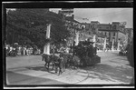 Horse-drawn parade float, featuring a railroad locomotive, during the 1909 Wright Brothers Homecoming Celebration