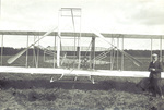 Rear view of Wright Model A Flyer on launch rail