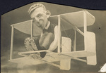 Photograph of a caricature used to create postcards of Wilbur Wright at Le Mans, 1908