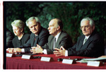 Neville-Jones, Milošević, Izetbegović, and Tuđman Sit at Dayton Peace Accords Signing Table by Dayton Daily News and Jan Underwood