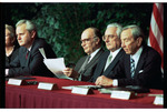 Milošević, Izetbegović, Tuđman, and Christopher Sit at Dayton Peace Accords Signing Table by Dayton Daily News and Jan Underwood