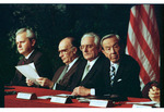 Milošević, Izetbegović, Tuđman, and Christopher Sit at Dayton Peace Accords Signing Table by Dayton Daily News and Jan Underwood